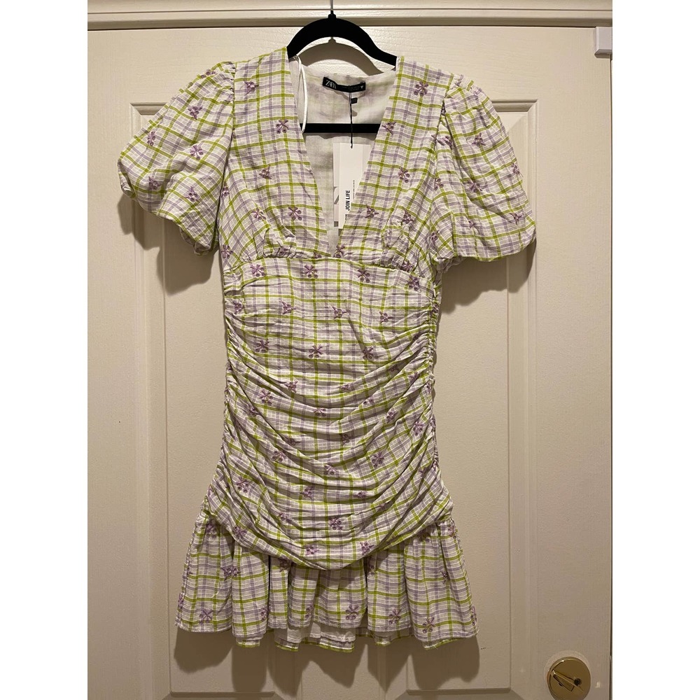 Zara White Plaid Mini Dress with Green and Lavender Accents